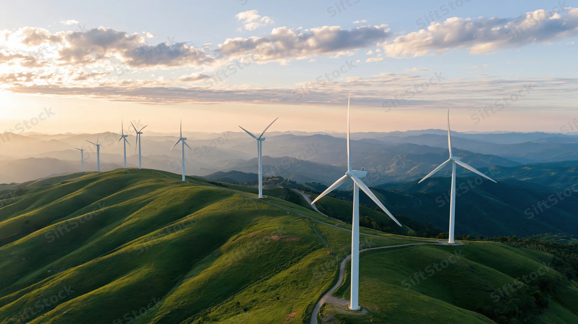 Wind turbines on rolling green hills under a cloudy sky at sunset