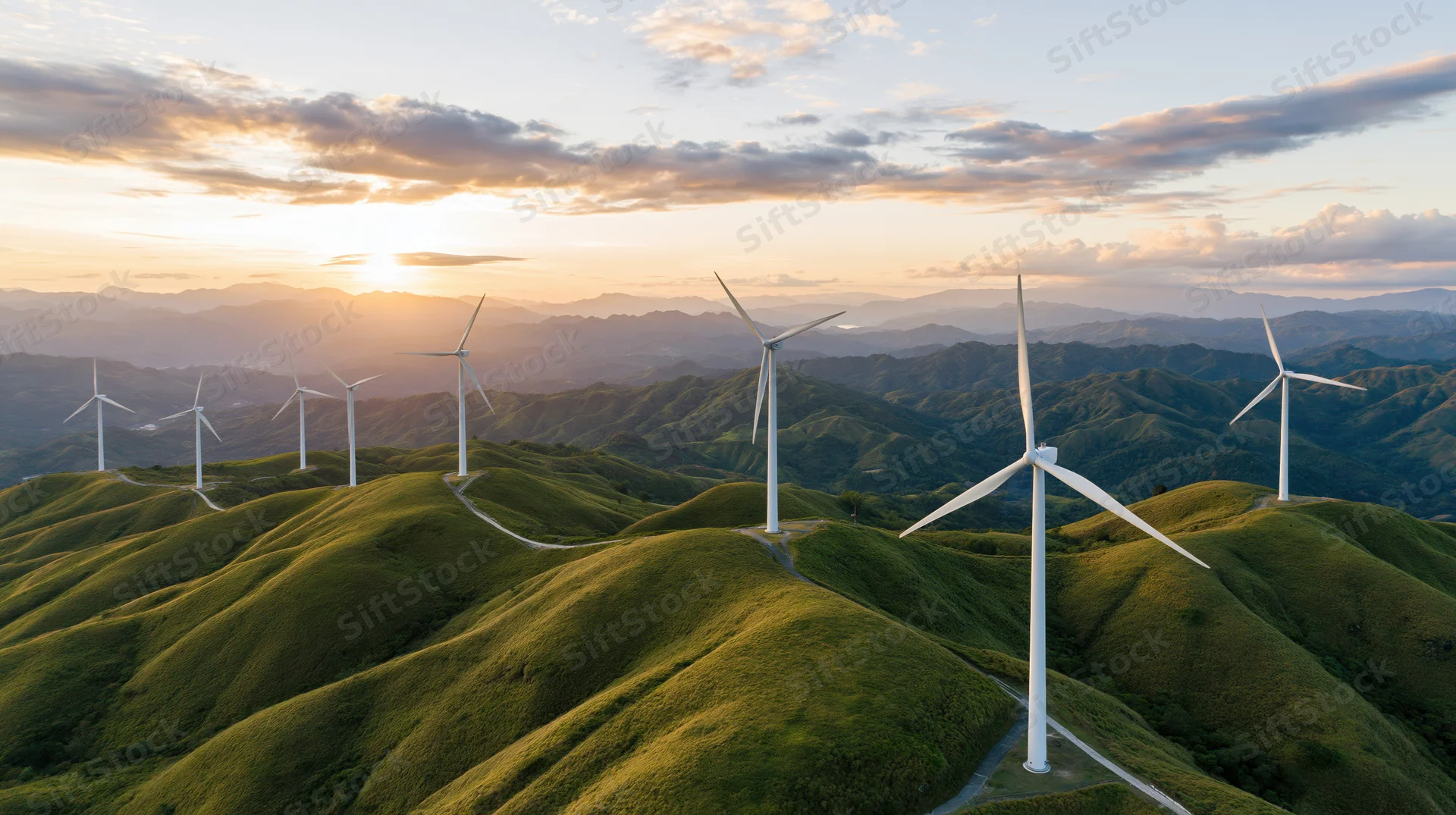 Wind turbines on rolling green hills at sunset viewed from above