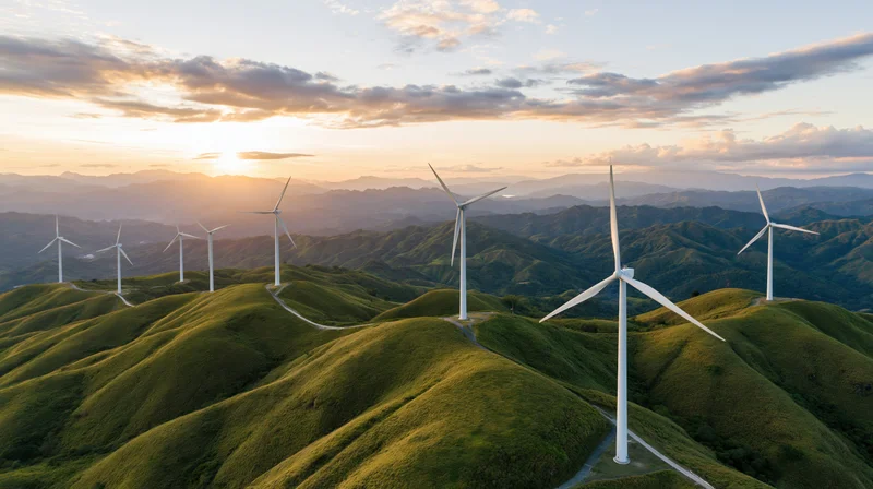 Wind turbines on rolling green hills at sunset viewed from above