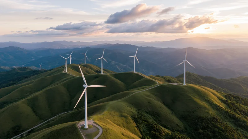 Wind turbines on rolling green hills viewed from above at sunset