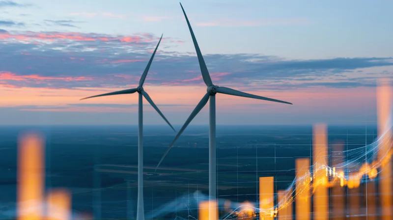 Two wind turbines standing in a rural landscape at sunset with digital energy data graphs overlaid in the foreground