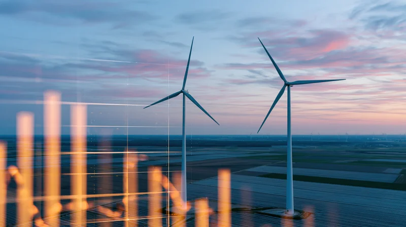 Wind turbines rising above farmland at twilight with digital energy data overlay