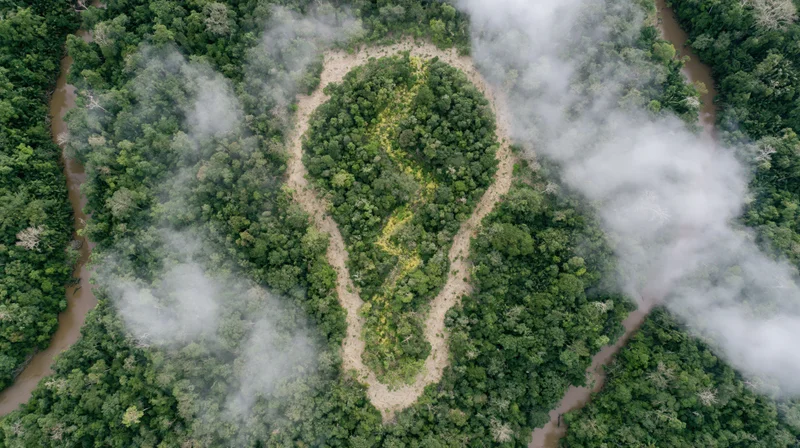 Aerial drone view of dense tropical rainforest with lightbulb-shaped clearing surrounded by trees and mist
