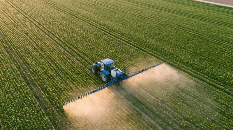 Blue tractor spraying crops in a green field from aerial view