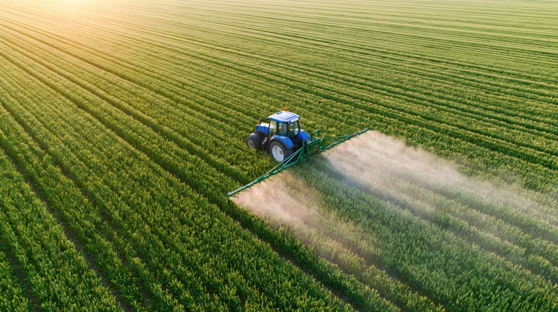 Blue tractor spraying crops in a green field from aerial view