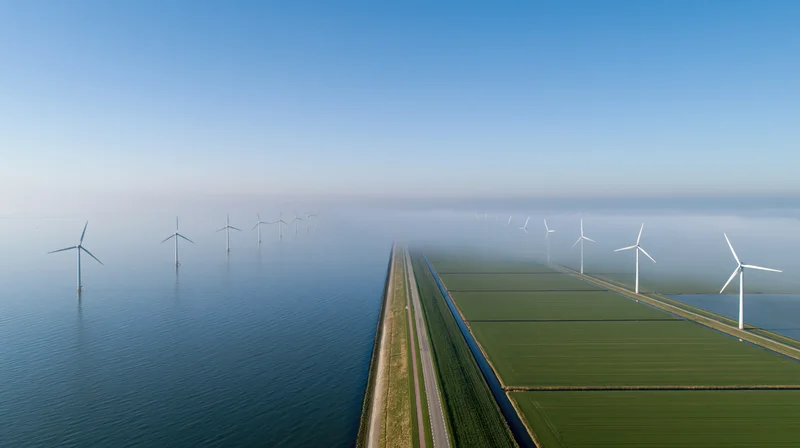 Aerial view of wind turbines along a narrow dike road separating farmland from the sea