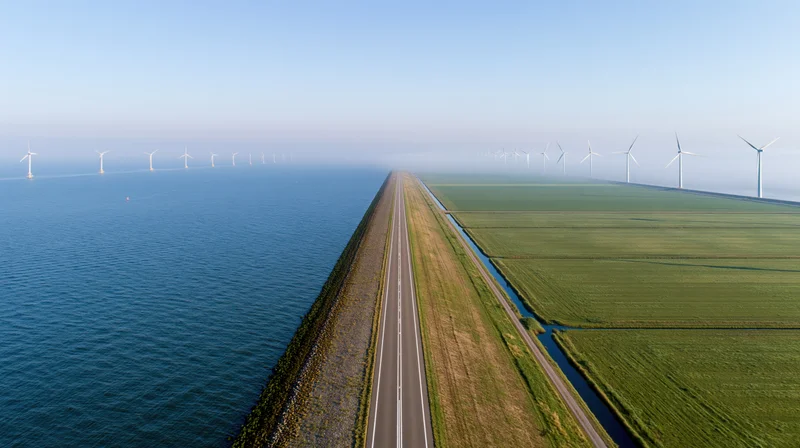 Aerial view of a narrow dike road stretching between sea and green farmland in the netherlands