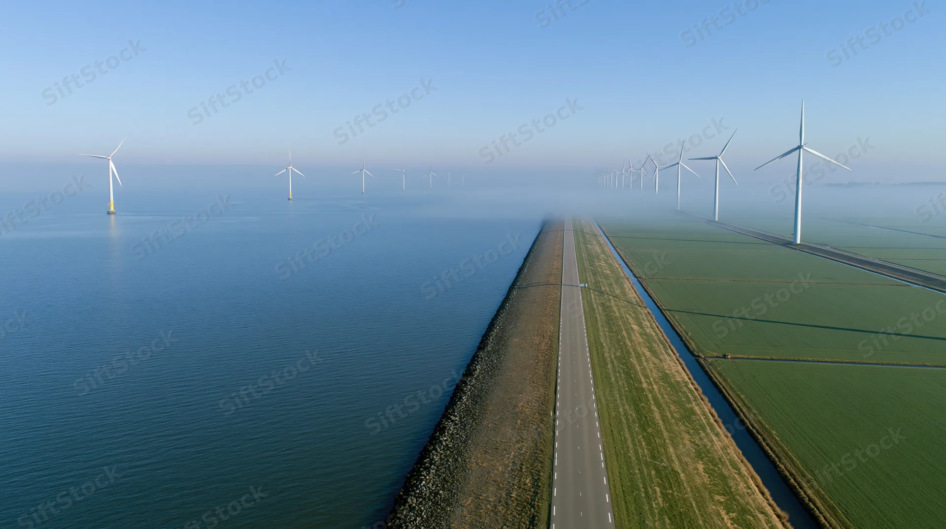 Aerial view of a narrow dike road stretching into the distance beside offshore wind turbines and green farmland