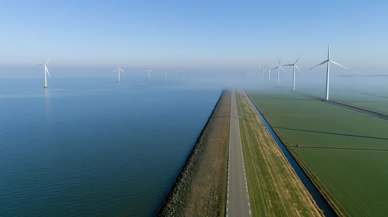 Aerial view of a narrow dike road stretching into the distance beside offshore wind turbines and green farmland