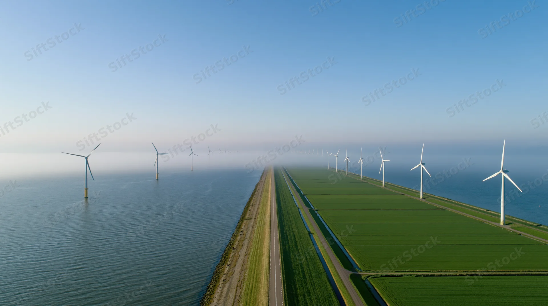 Aerial view of wind turbines along a narrow dike road stretching into the horizon between ocean and farmland