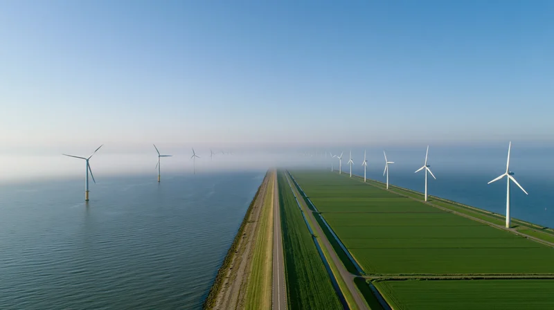 Aerial view of wind turbines along a narrow dike road stretching into the horizon between ocean and farmland
