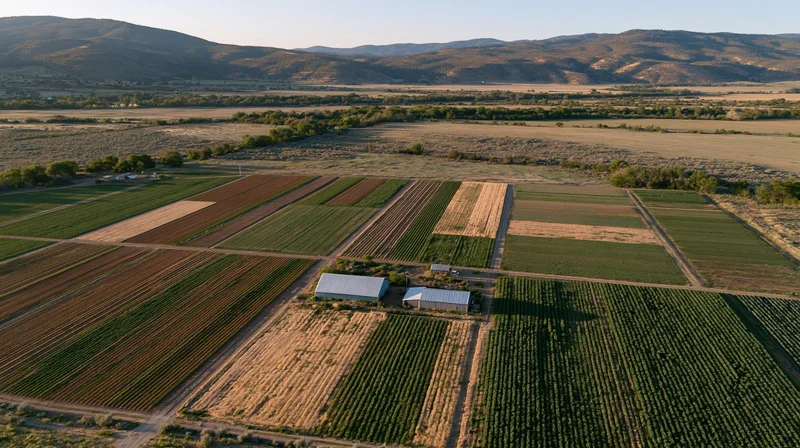 Aerial drone view of a patchwork farm with cultivated fields and farm buildings surrounded by hills and valleys