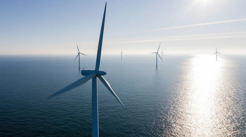 Offshore wind turbines rising from open ocean under bright sun
