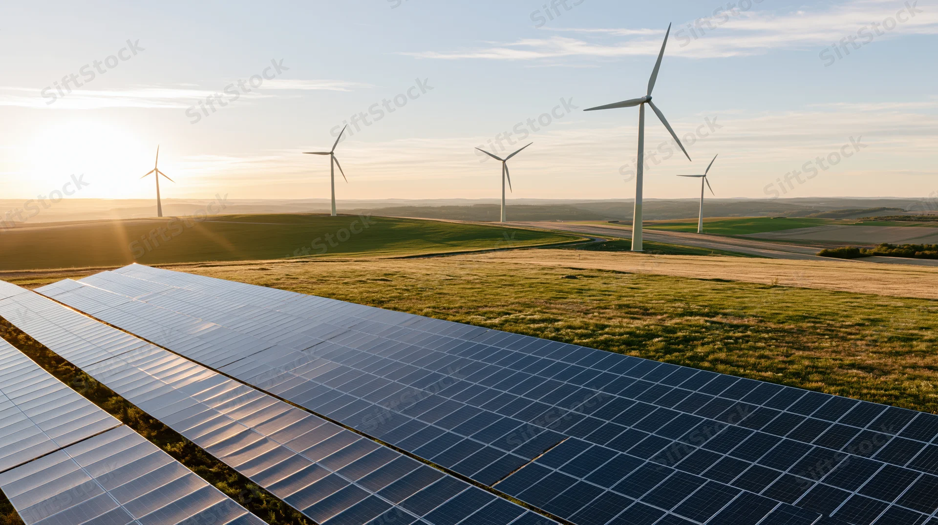 Solar panels and wind turbines in a rural field at sunset
