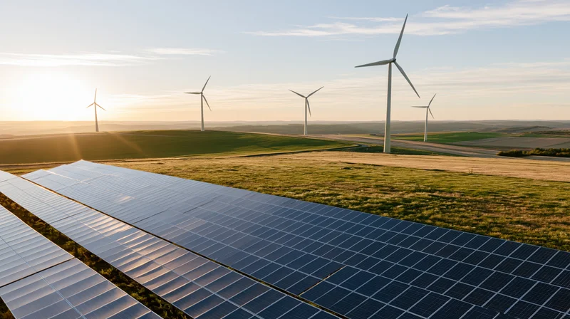 Solar panels and wind turbines in a rural field at sunset