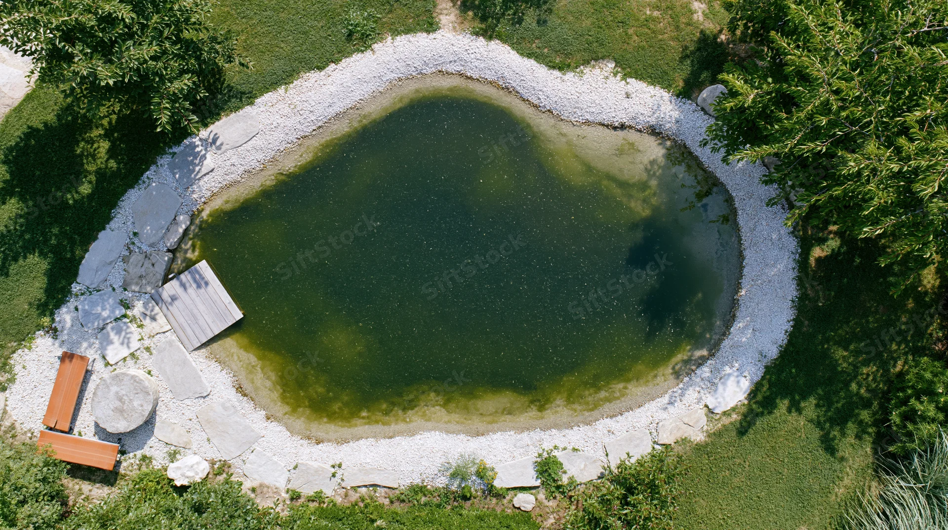 Aerial top-down view of a natural swimming pond surrounded by gravel and greenery in a private garden