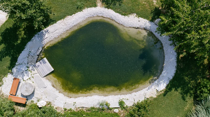 Aerial top-down view of a natural swimming pond surrounded by gravel and greenery in a private garden