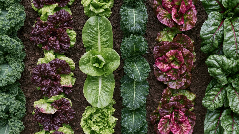 Parallel rows of leafy greens growing in soil from above