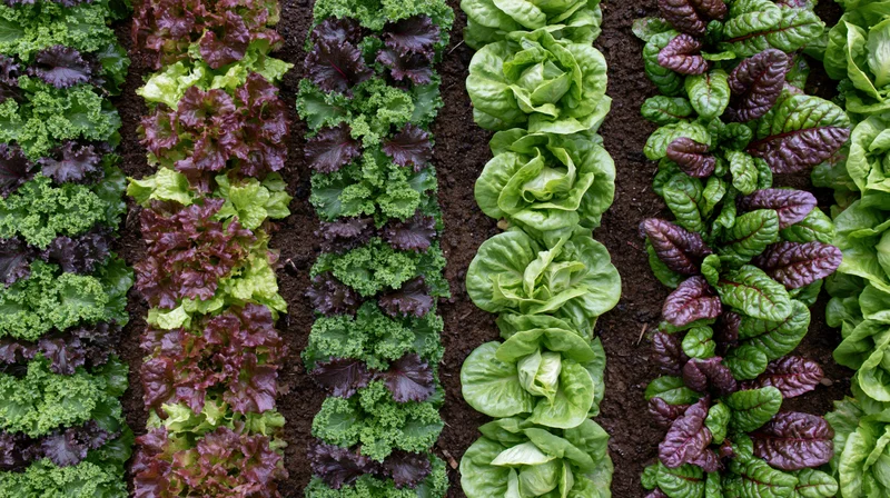 Parallel rows of mixed leafy greens growing in soil from above
