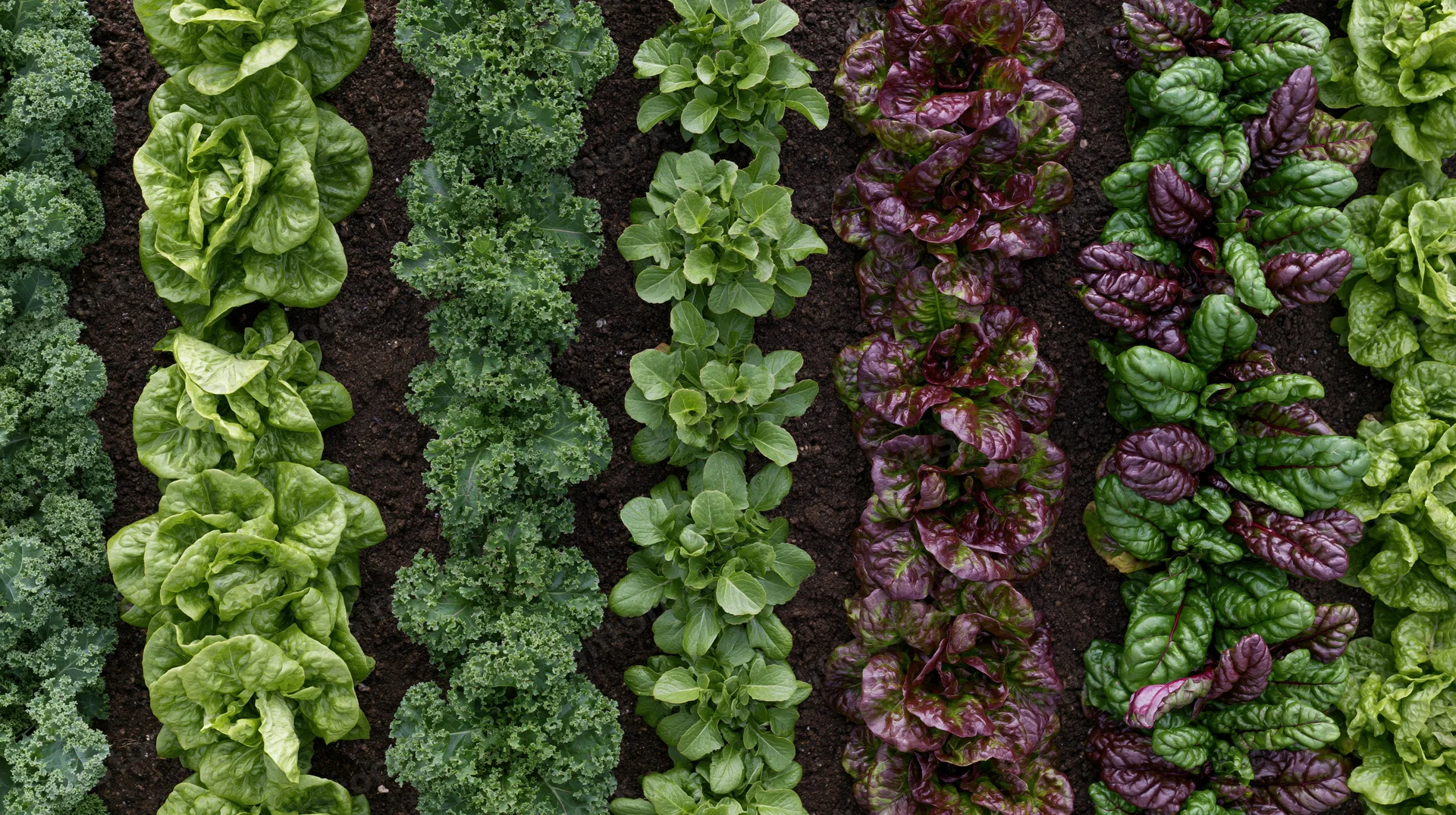Parallel rows of leafy greens growing in soil from above