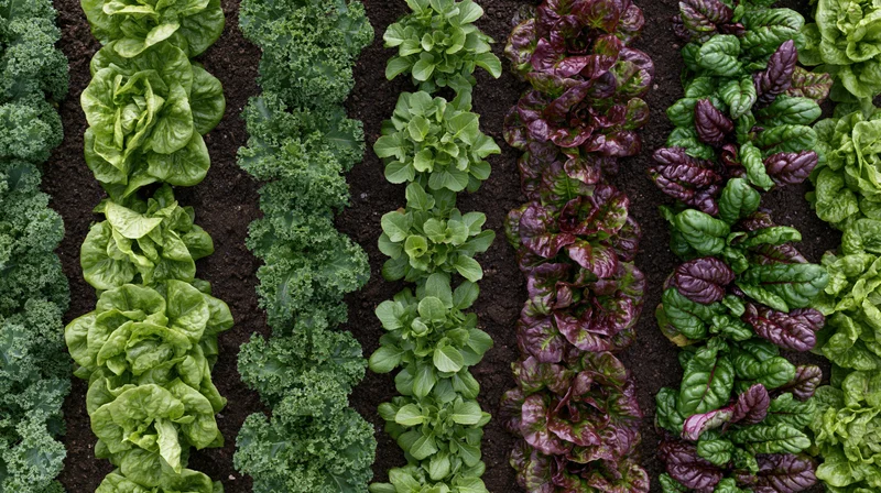 Parallel rows of leafy greens growing in soil from above