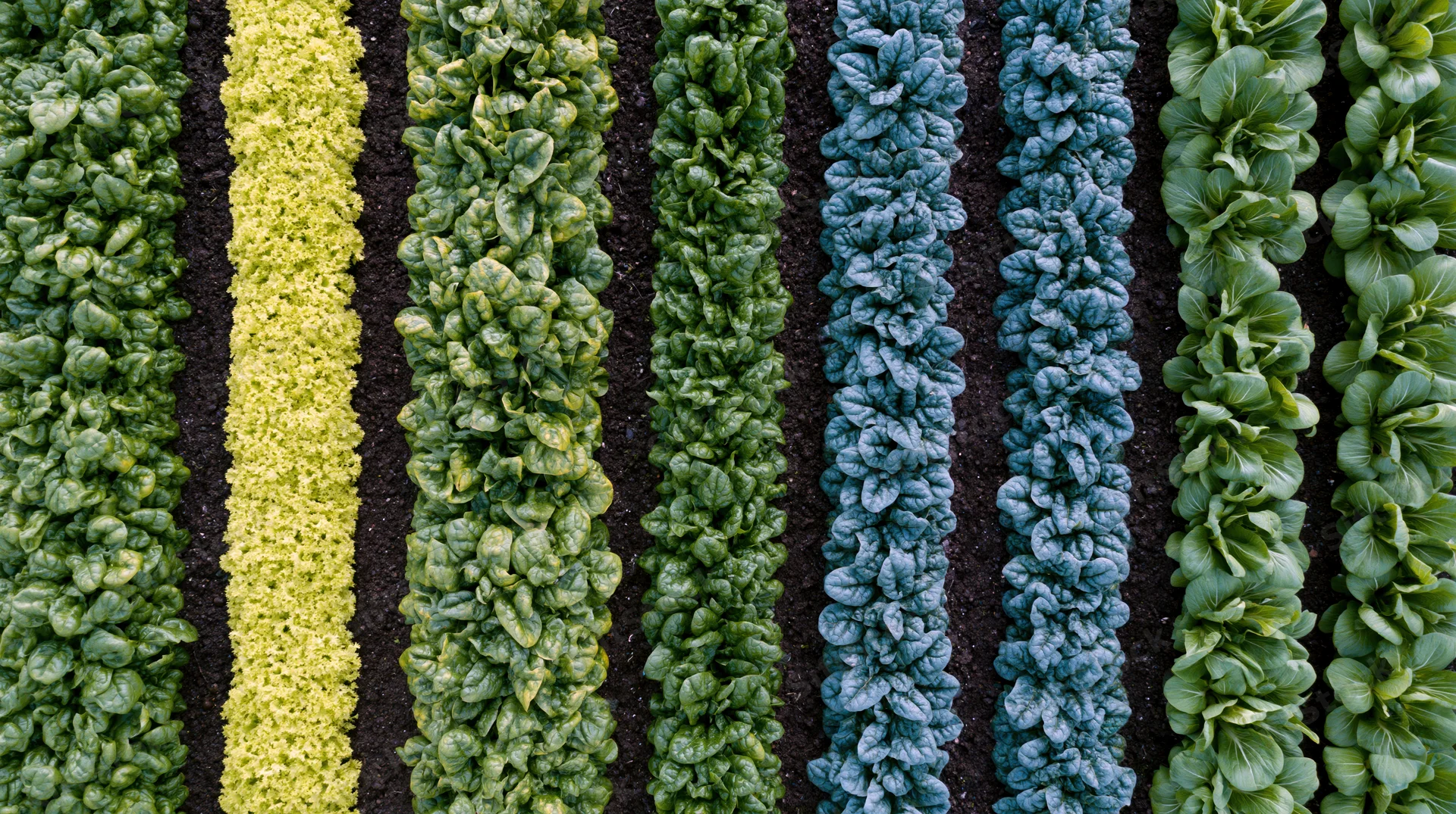 Aerial top-down view of parallel rows of mixed leafy greens growing in soil