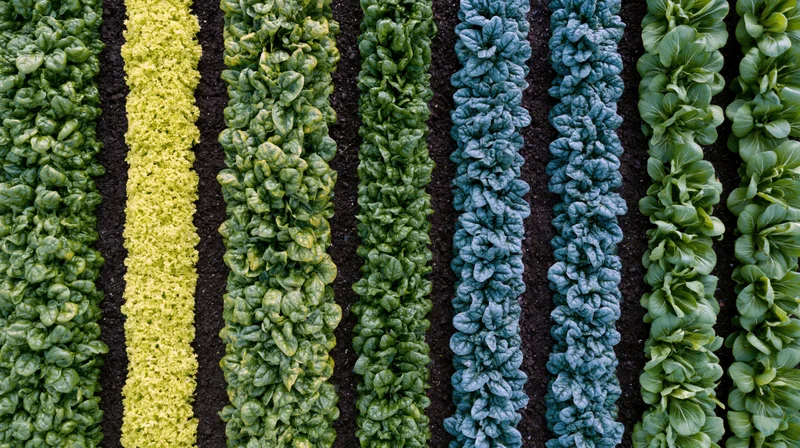Aerial top-down view of parallel rows of mixed leafy greens growing in soil