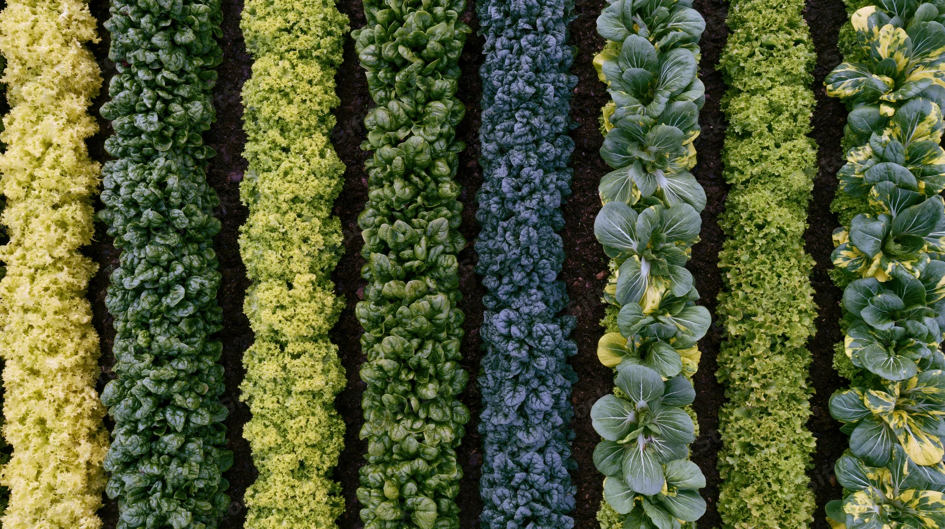 Aerial top-down view of parallel rows of mixed leafy greens growing in a garden bed