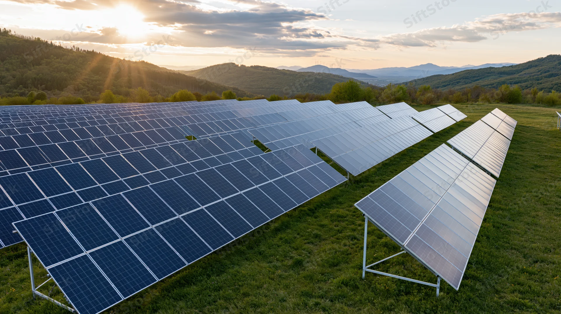 Rows of ground-mounted solar panels in a grassy field at sunset with mountains in the background