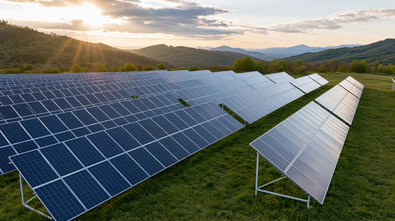 Rows of ground-mounted solar panels in a grassy field at sunset with mountains in the background