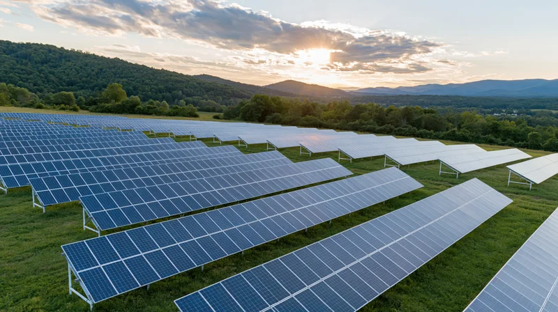 Rows of ground-mounted solar panels in a grassy field at sunset with mountains in the background