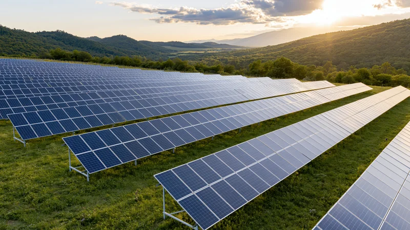 Rows of ground-mounted solar panels in a grassy field at sunset with hills in the background