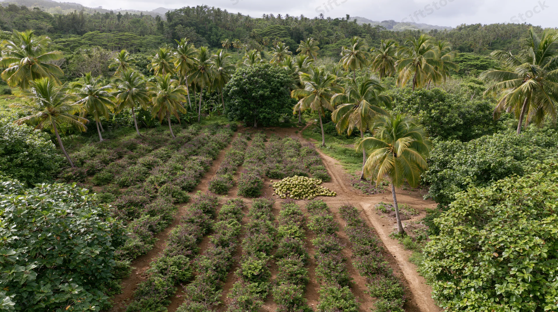 Aerial view of a tropical agroforestry farm with neat rows of crops and coconut palms