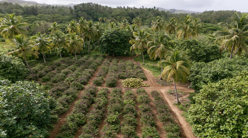 Aerial view of a tropical agroforestry farm with neat rows of crops and coconut palms