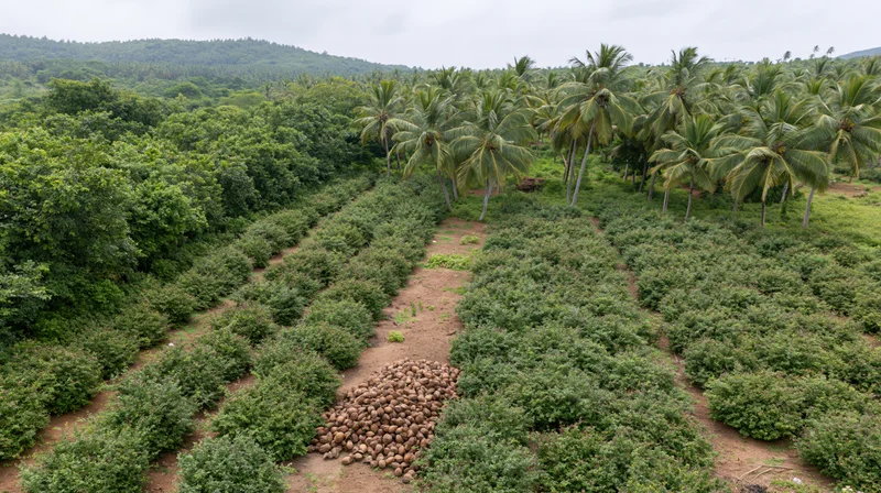 Aerial view of a tropical agroforestry farm with neat rows of coconut trees and harvested coconuts on the ground