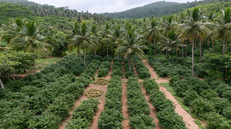 Aerial view of a tropical agroforestry farm with neat rows of coconut palms and low-lying crops growing in alternating patterns across the land