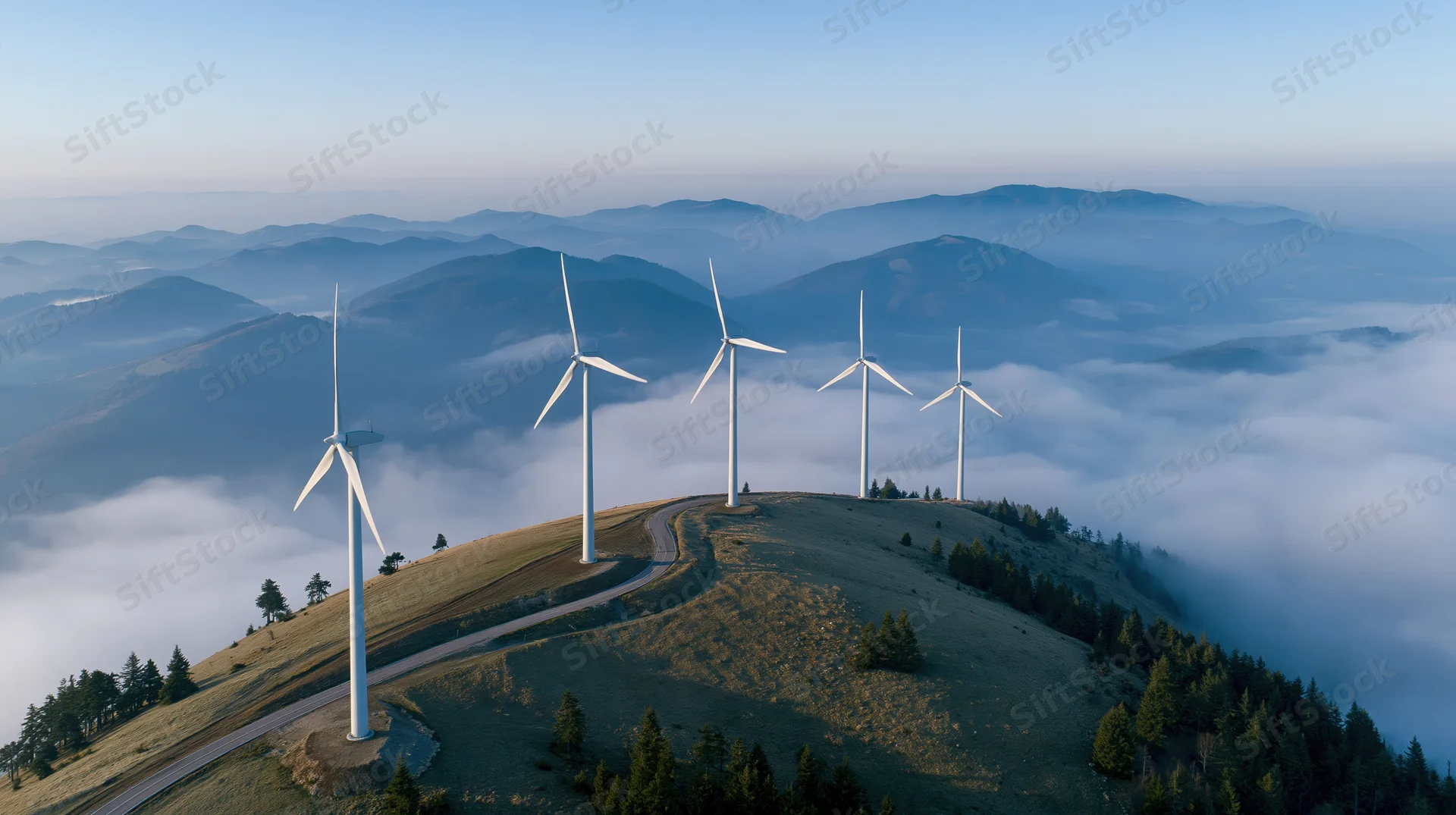 Five wind turbines on a mountain ridge above foggy valley
