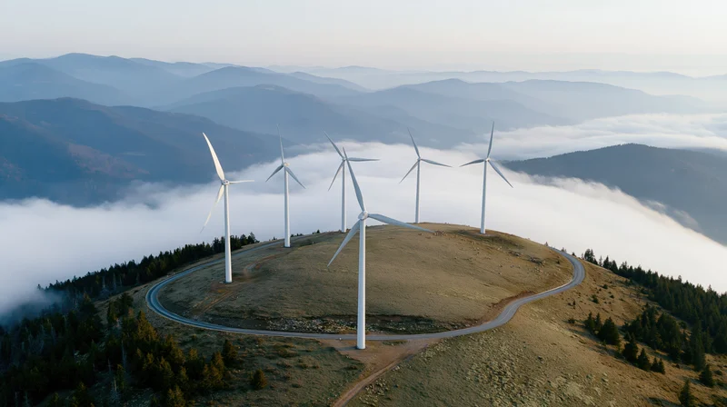 Five wind turbines on a rounded mountain ridge above fog with a winding road