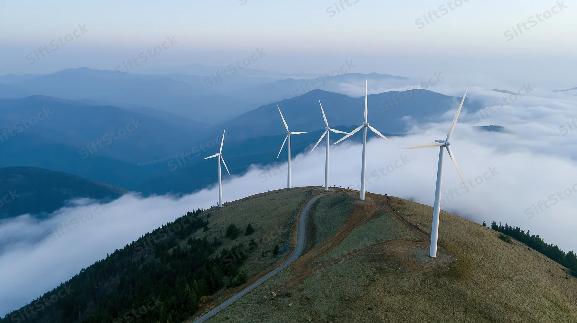 Five wind turbines on a mountain summit above clouds, aerial view
