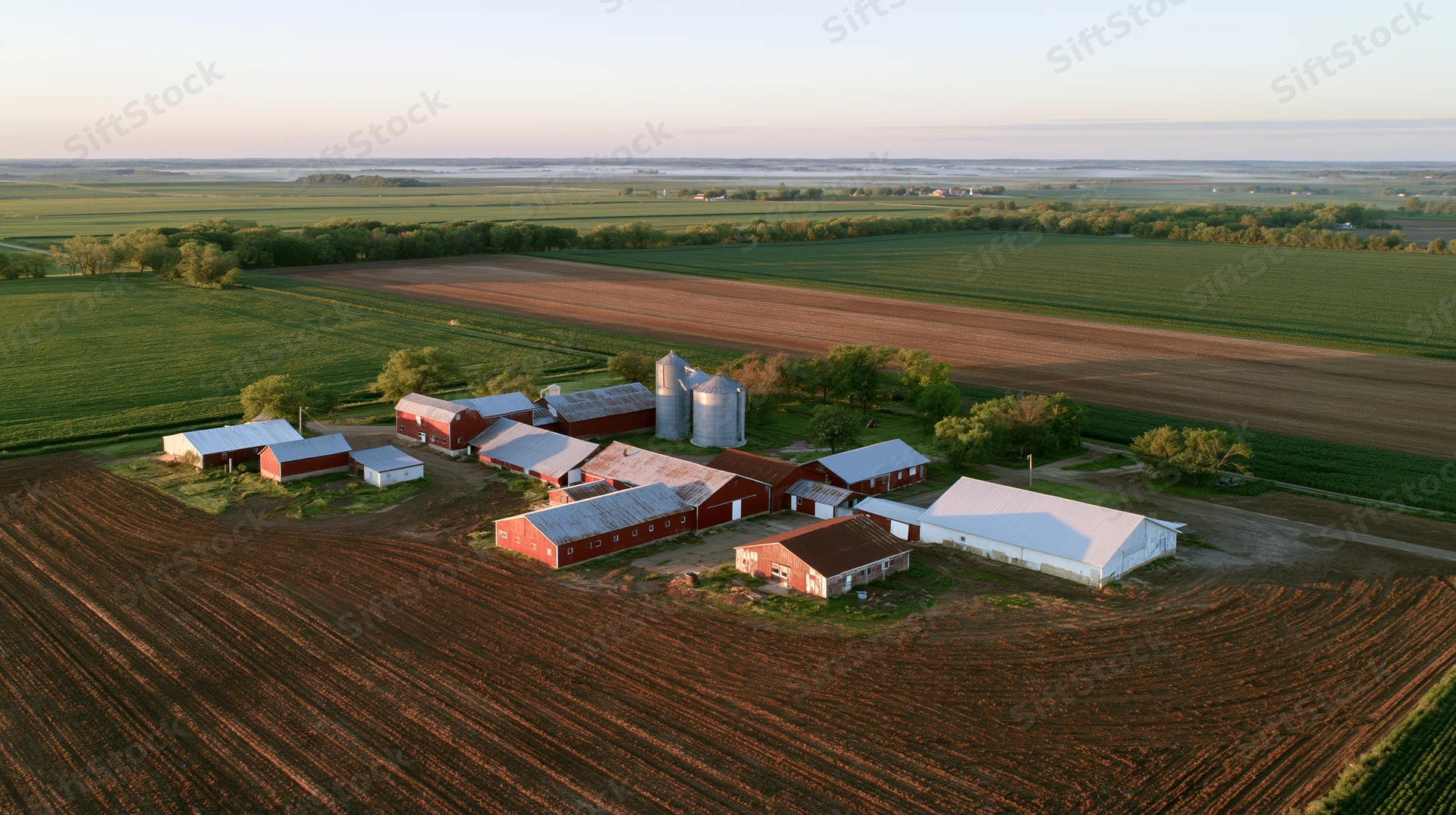 Aerial view of a midwestern farm compound with red barns and silos surrounded by cultivated fields at sunset