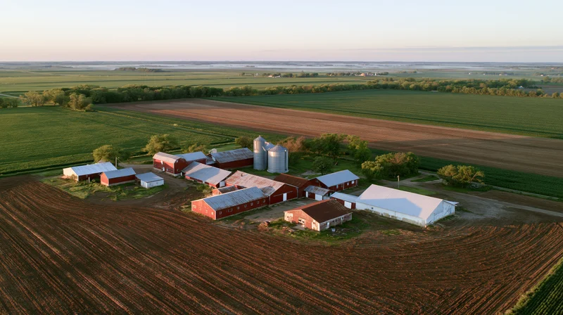 Aerial view of a midwestern farm compound with red barns and silos surrounded by cultivated fields at sunset