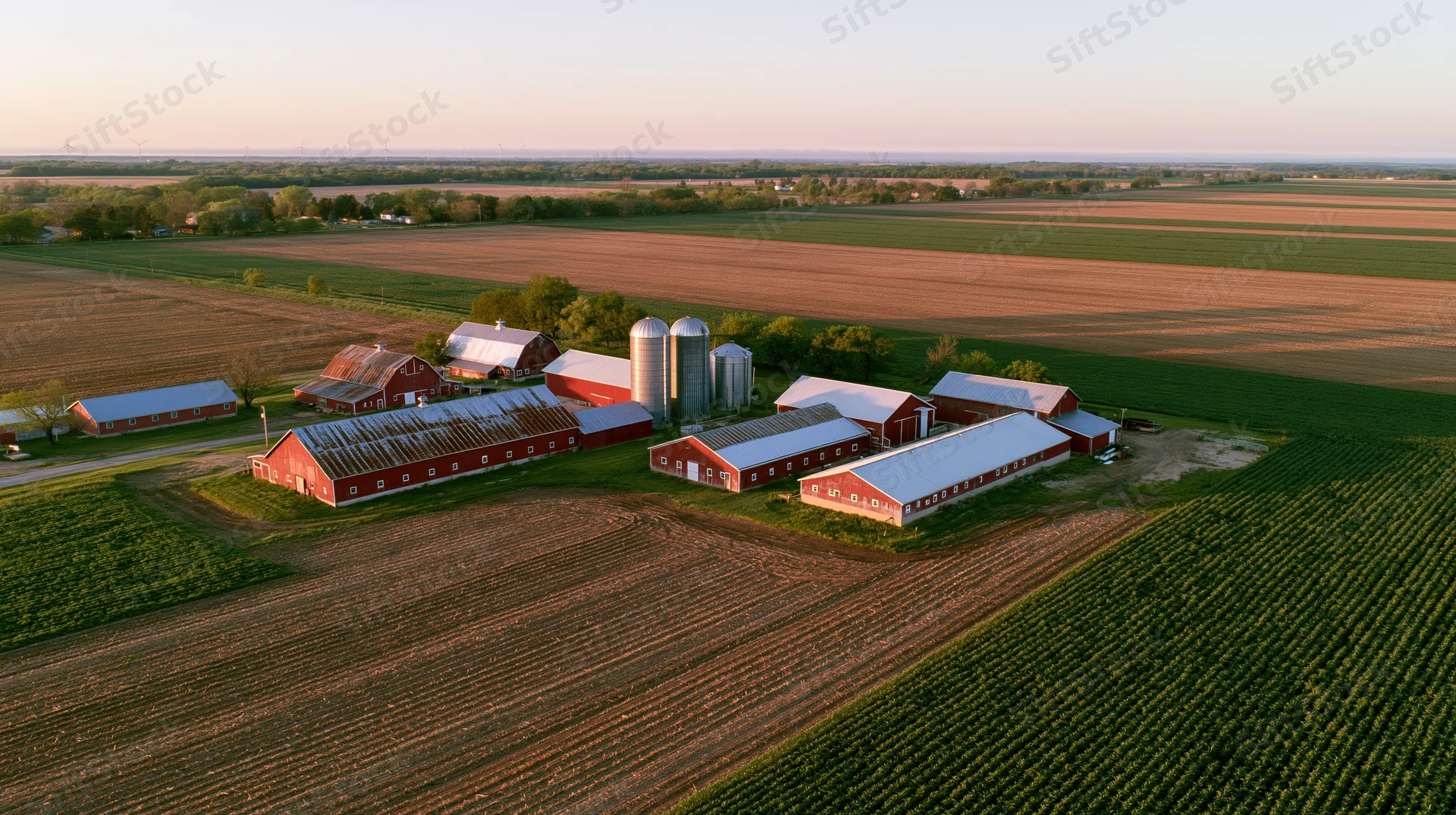 Aerial view of a midwestern farm compound with red barns and surrounding fields at sunset