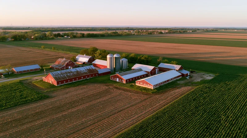 Aerial view of a midwestern farm compound with red barns and surrounding fields at sunset
