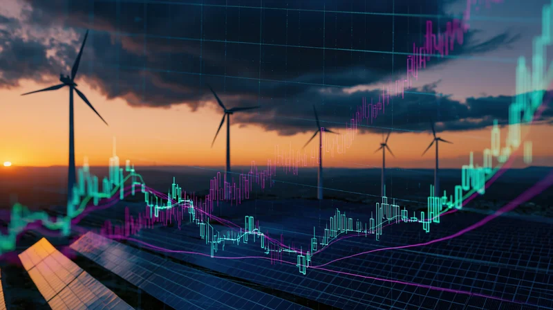 Wind turbines and solar panels at sunset with digital financial graph overlay
