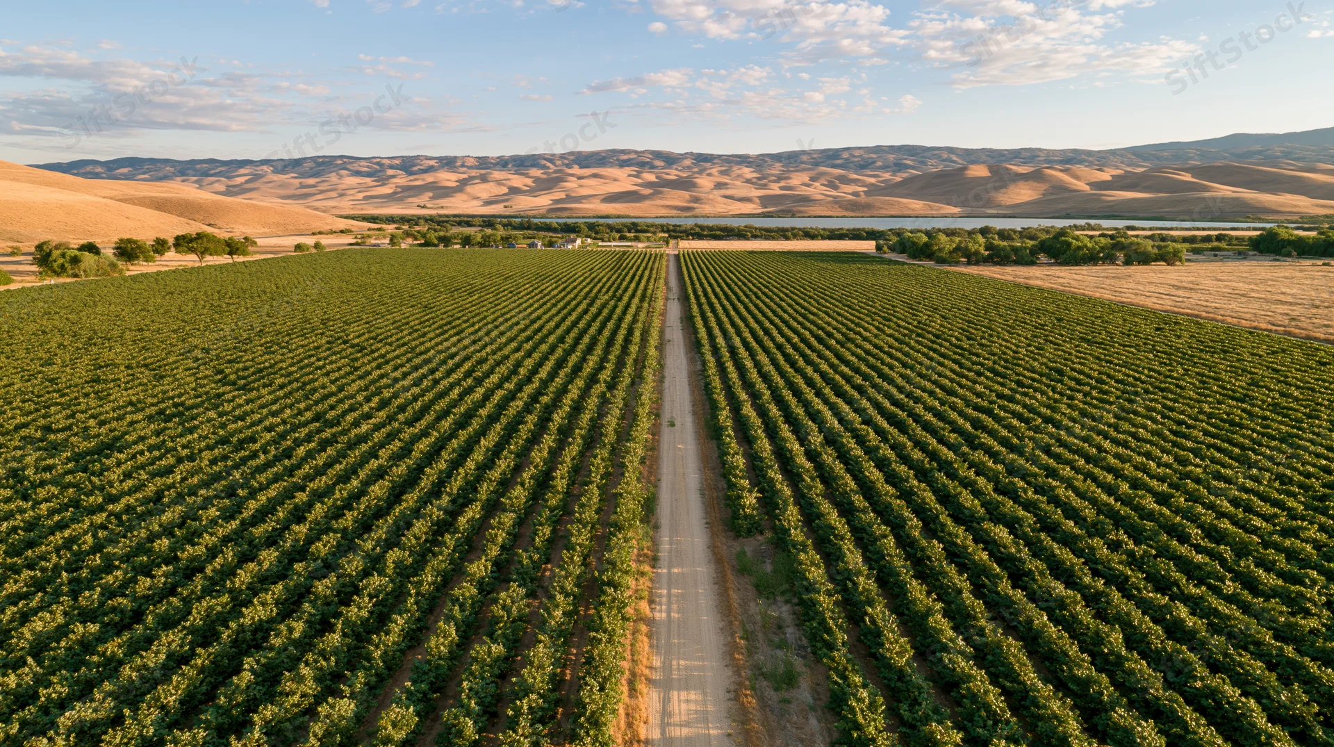 Aerial view of grape rows in a vineyard stretching toward distant mountains and a river under a partly cloudy sky