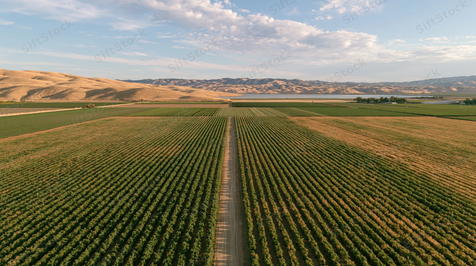 Aerial view of vineyard rows stretching toward distant hills under partly cloudy sky