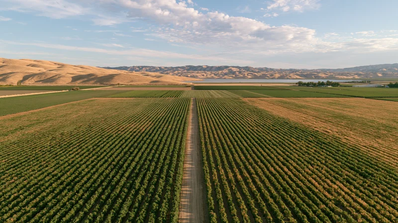 Aerial view of vineyard rows stretching toward distant hills under partly cloudy sky
