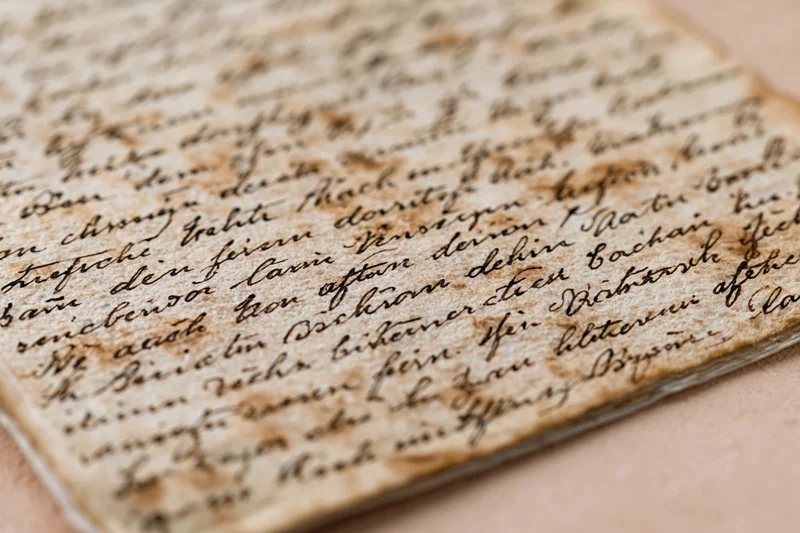 Close-up of an aged handwritten letter in German script resting on a neutral surface