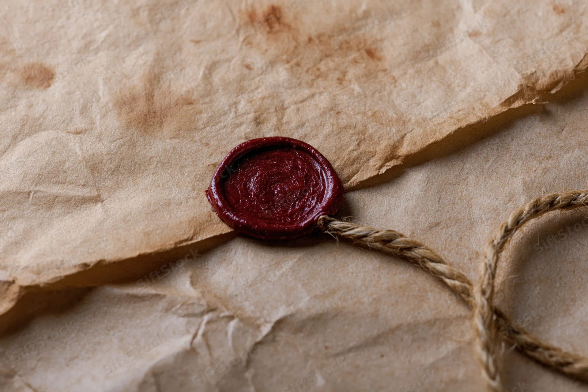 Aged parchment paper sealed with red wax and twine