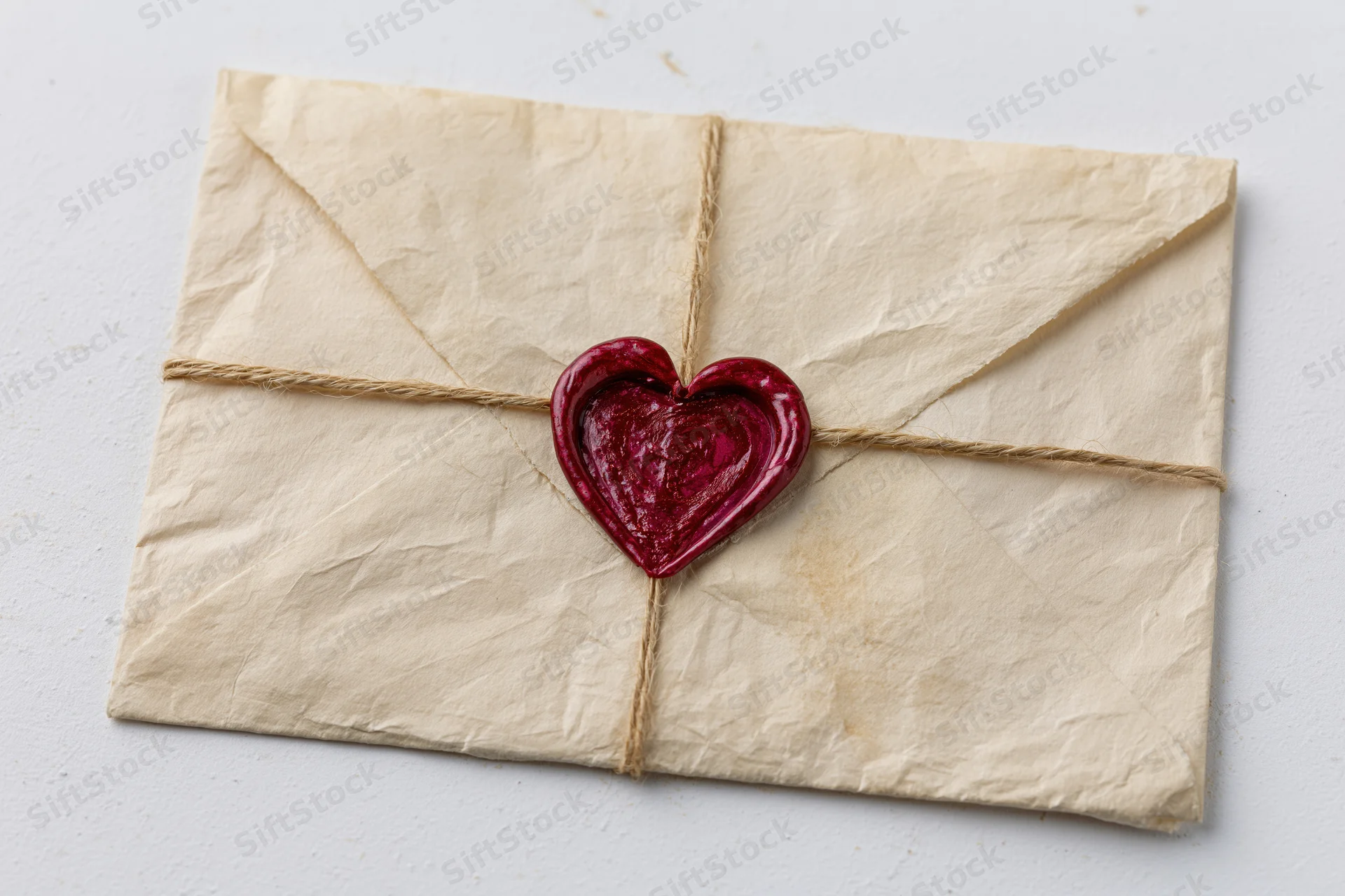 Aged parchment envelope sealed with red heart wax seal and twine on white surface